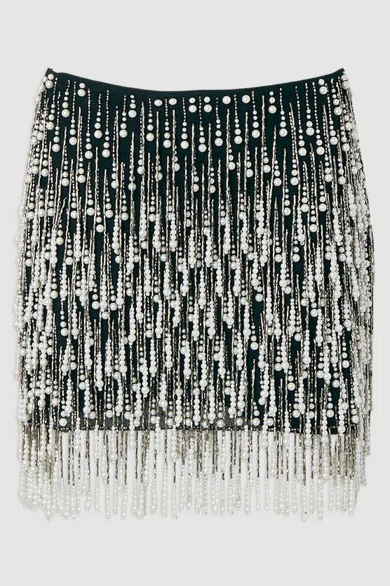 Pearl Tassel Embellished Woven Mini Skirt | Karen Millen US