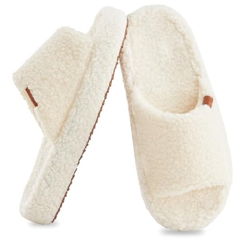 Fuzzy Memory Foam Slippers for Women, Fluffy Open Toe Slippers Curly Fur Cozy Flat Slide Slippers... | Amazon (US)