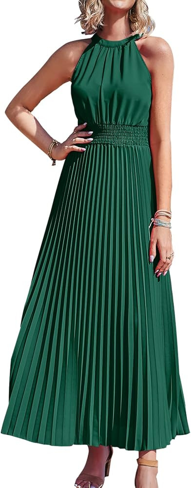 PRETTYGARDEN Women's Long Summer Sun Dresses 2023 Sleeveless Halter Neck Flowy Pleated Maxi Cockt... | Amazon (US)