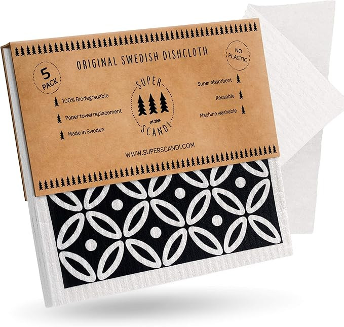 SUPERSCANDI 5 Pack (3 Printed, 2 White Cloths) Patterned Art Deco White on Black Swedish Dishclot... | Amazon (US)