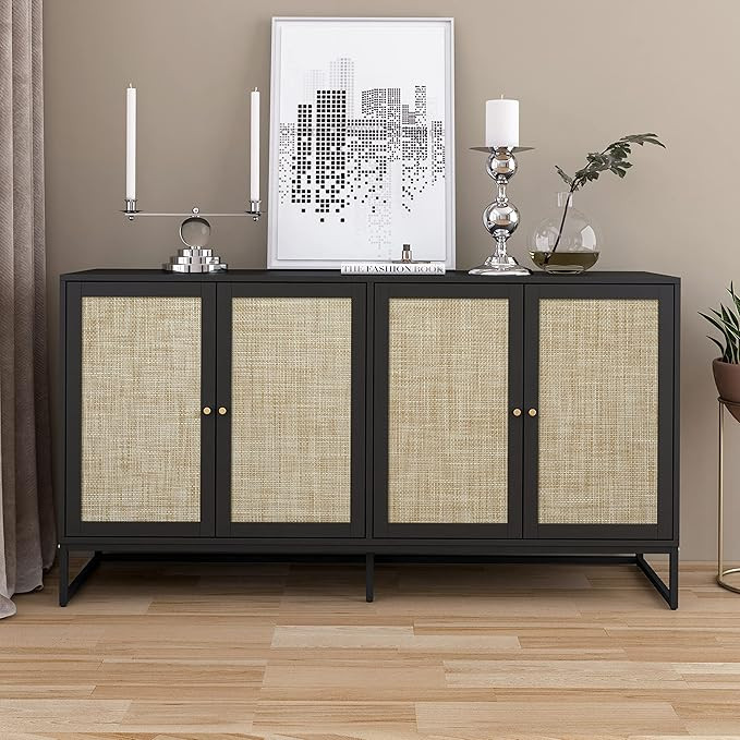 QEIUZON Modern Sideboard Cabinet, Accent Storage Cabinet with Rattan Doors and Adjustable Shelves... | Amazon (US)