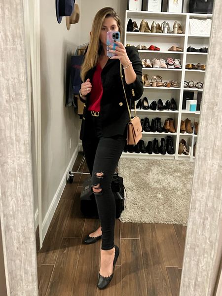 A fun look for date night or girls night. The perfect combination of high and low here. Designer shoes, bag and belt paired with affordable denim, blouse and blazer. All items linked here. 

#LTKsalealert #LTKSeasonal