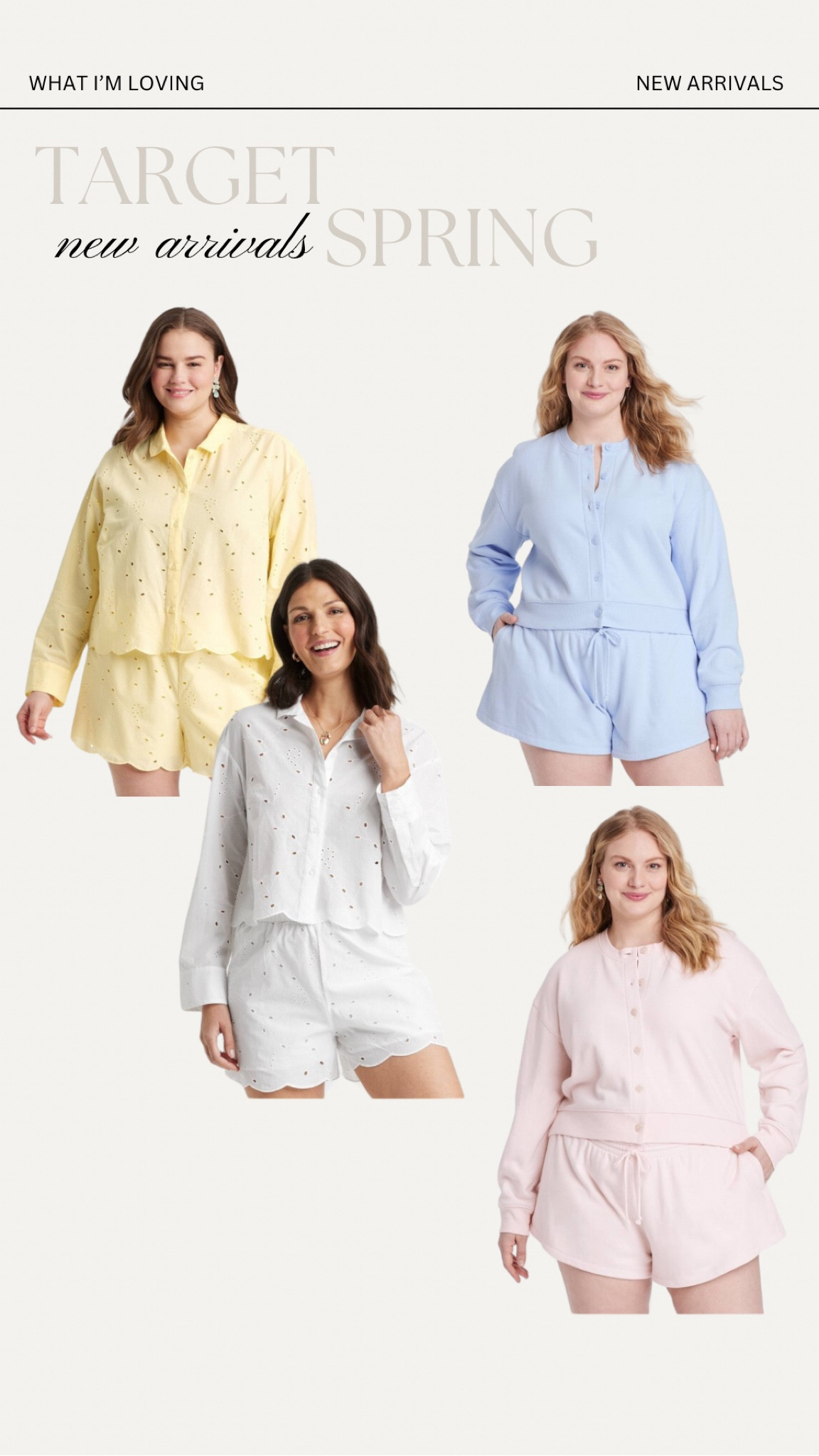 Target spring separates! I’m loving these eyelet shorts and button top together. And also these French terry soft casual sets! Ordering a 2x in top and 3x in bottoms 

#LTKPlusSize #LTKFindsUnder50 #LTKStyleTip