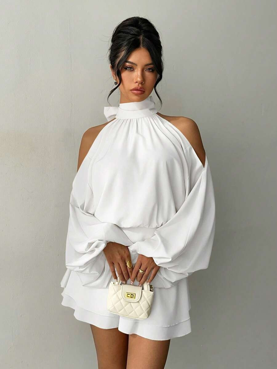 Aloruh Women's New Apricot Solid Color Mini Dress, Long Sleeve A-Line Dress Design, Party Dress, ... | SHEIN