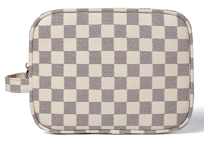 Daisy Rose Luxury Checkered Make Up Bag | PU Vegan Leather Cosmetic toiletry Travel bag | Amazon (US)