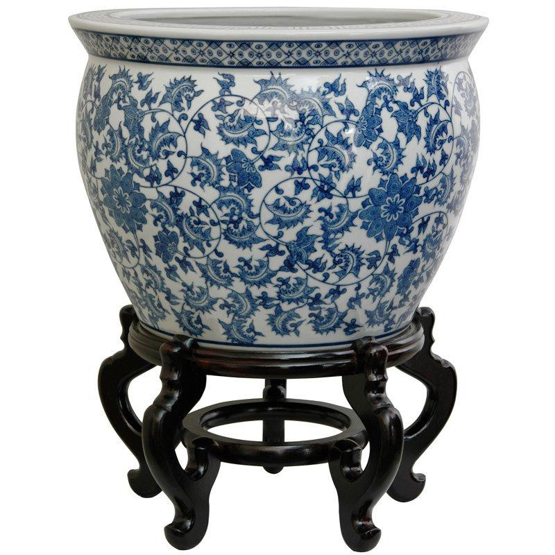 Oriental Furniture 16" Floral Blue and White Porcelain Fishbowl | HSN | HSN
