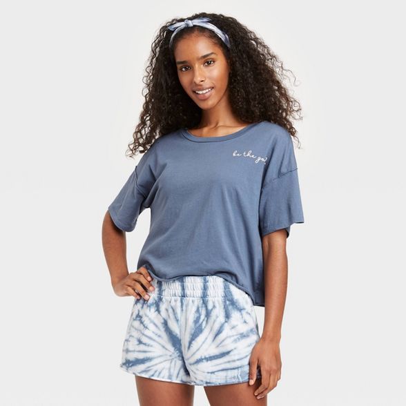 Women's Tie-Dye 'Be the Good' T-Shirt and Shorts Pajama Set with Bandana - Grayson Threads Blue | Target