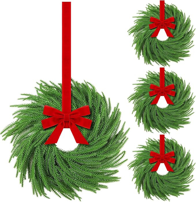 Hotop 4 Set Christmas Norfolk Pine Wreath Decoration Christmas Kitchen Cabinet Wreaths with Red R... | Amazon (US)