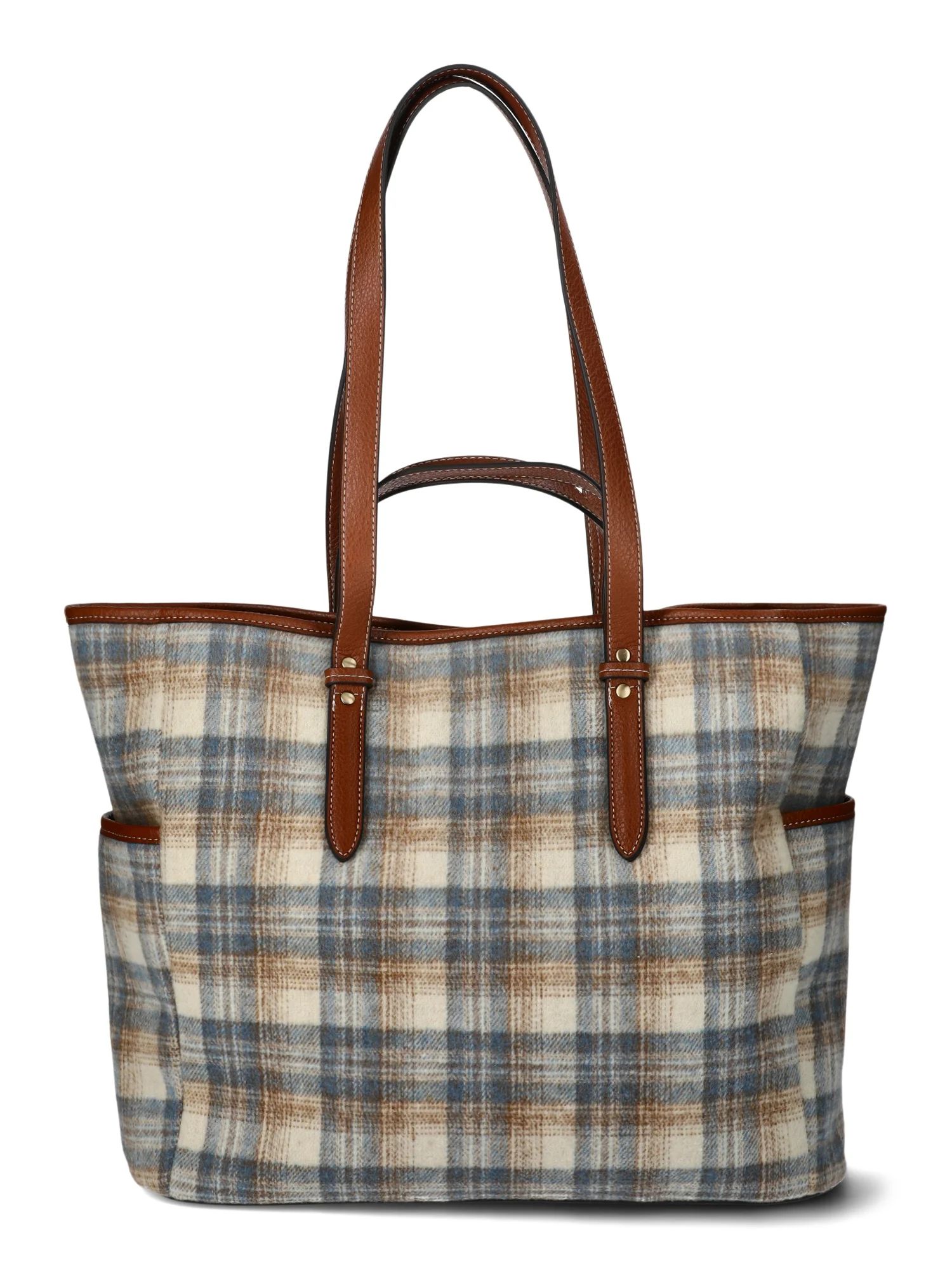 Time and Tru Women's Plaid Double Handle Large Tote Bag, Brown | Walmart (US)