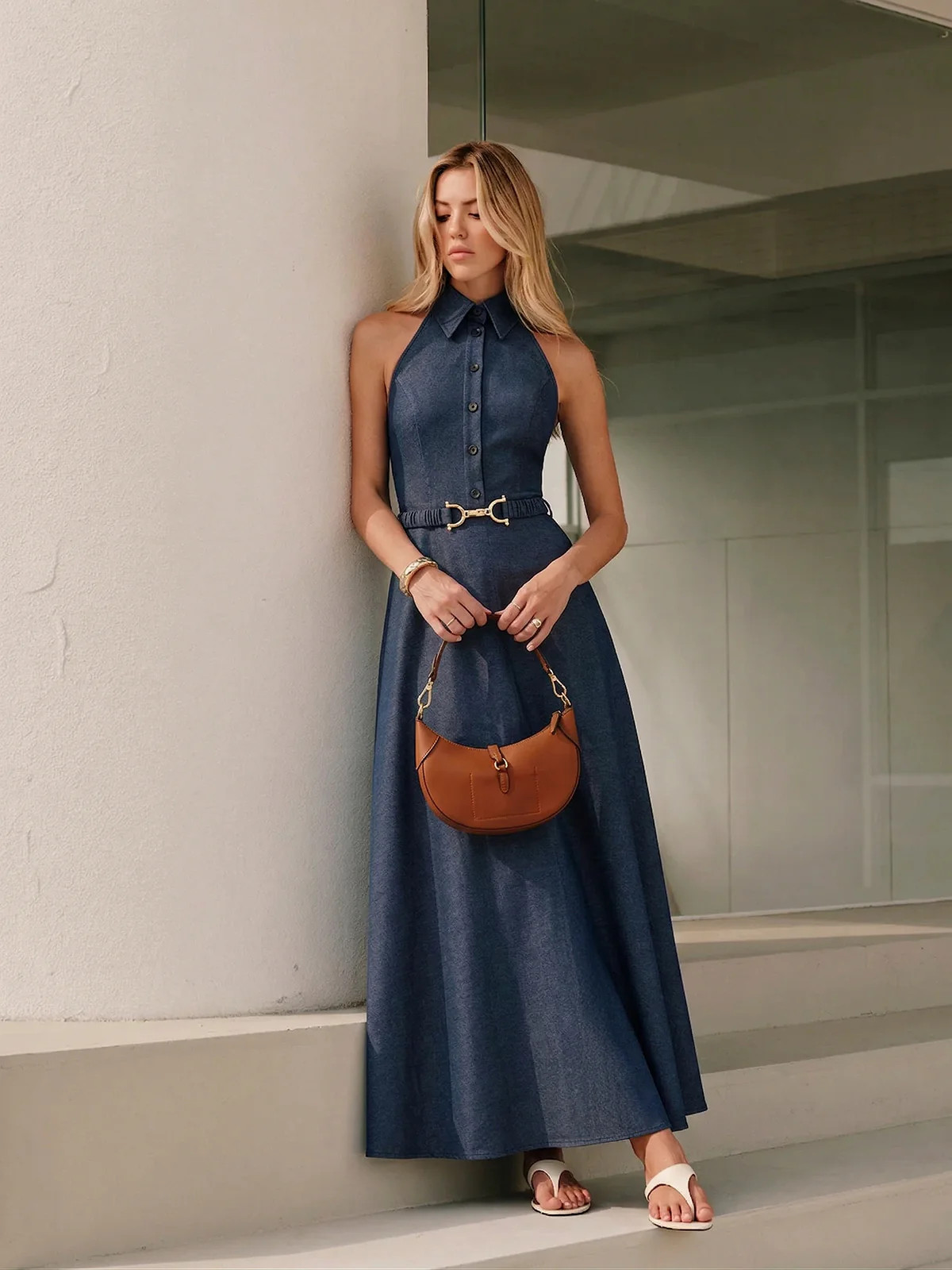 Halter Belted Collared Denim Maxi Dress | Commense