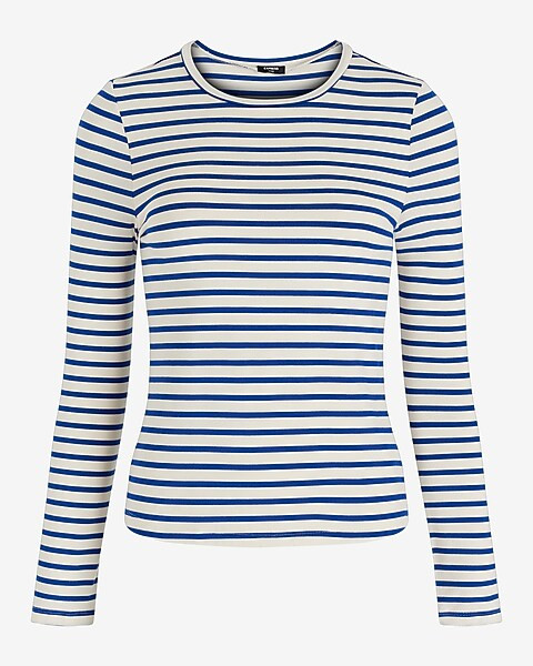Fitted Striped Crew Neck Long Sleeve Tee | Express