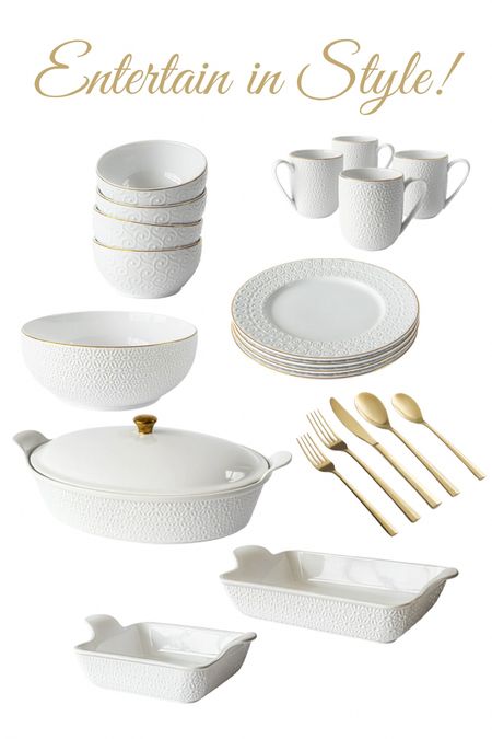 White & gold baking and serving and pieces and dinnerware. Flatware I’m satin gold
VERY AFFORDABLE!

#LTKhome #LTKHoliday