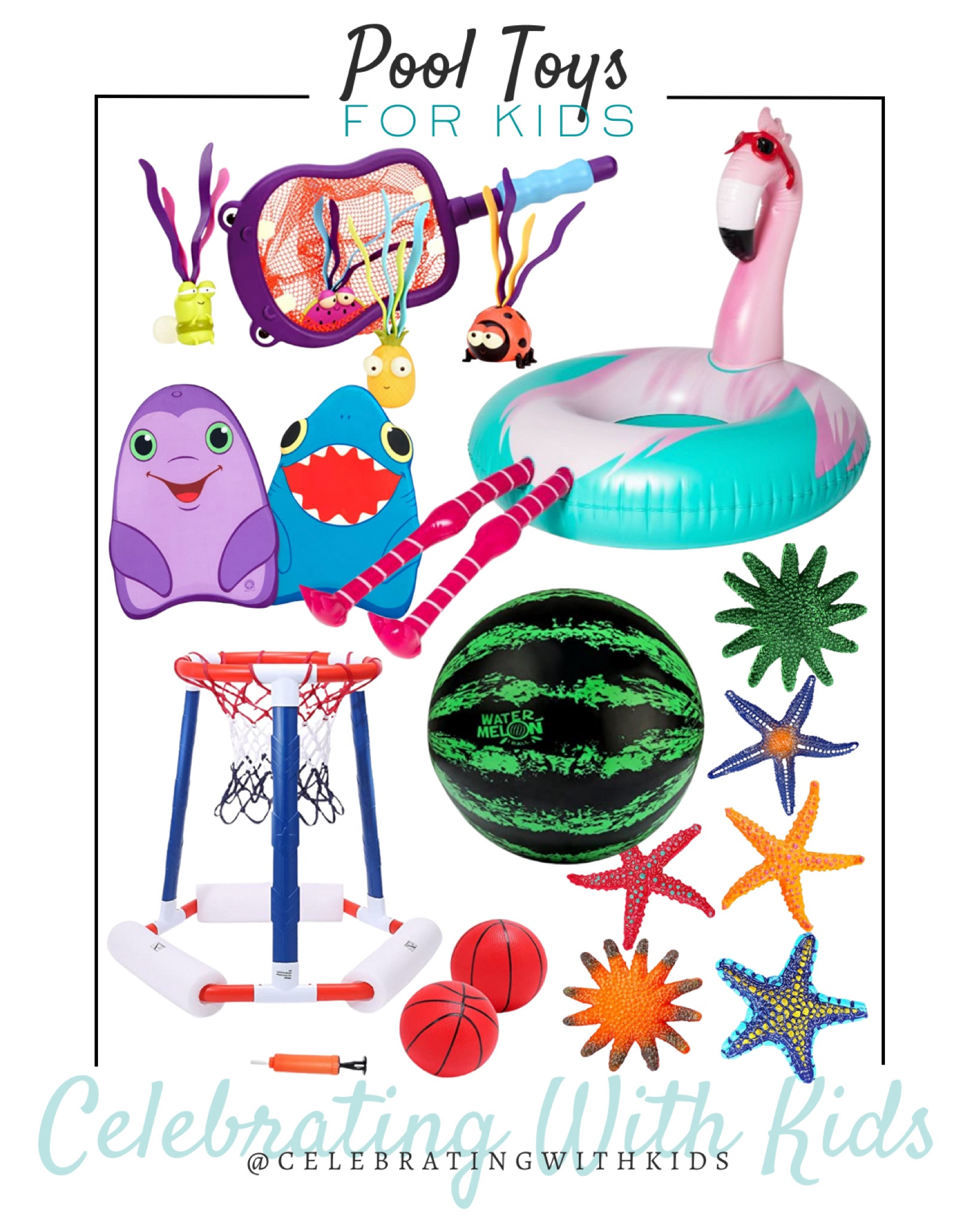 Pool toys for kids include, flamingo pool tube, net and diving toys set, watermelon pool ball, basketball hoop, kick boards, and starfish diving toys

#LTKfamily #LTKunder50 #LTKkids