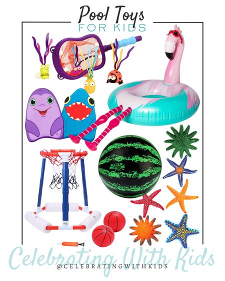 Pool toys for kids include, flamingo pool tube, net and diving toys set, watermelon pool ball, basketball hoop, kick boards, and starfish diving toys

#LTKfamily #LTKunder50 #LTKkids