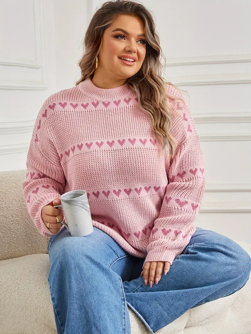 Plus Size Casual Sweater Women's Plus Heart Print Drop - Temu | Temu Affiliate Program