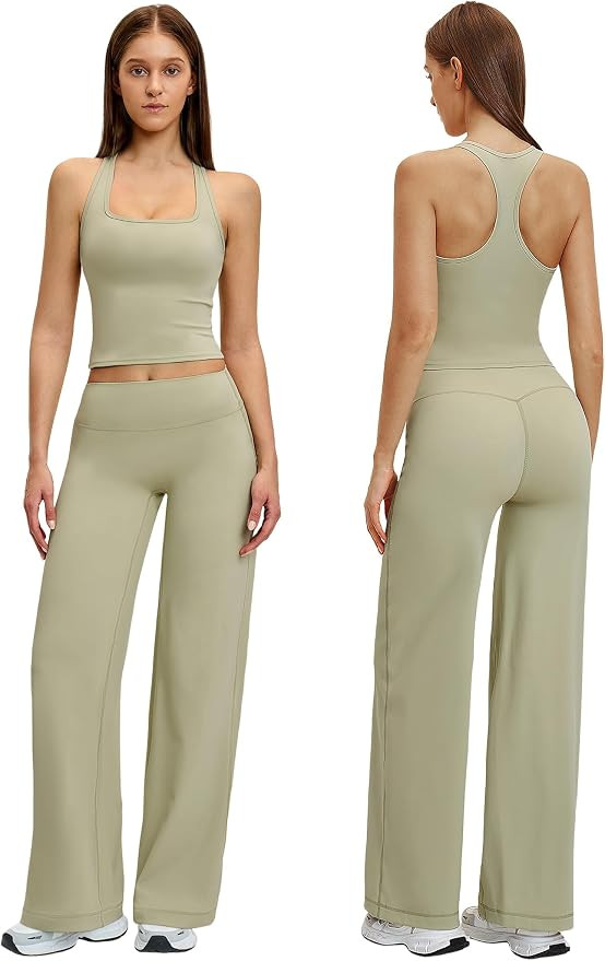 ABOCIW Two Piece Workout Sets for Women Racerback Crop Tank Wide Leg Yoga Pants Gym Active Pilate... | Amazon (US)