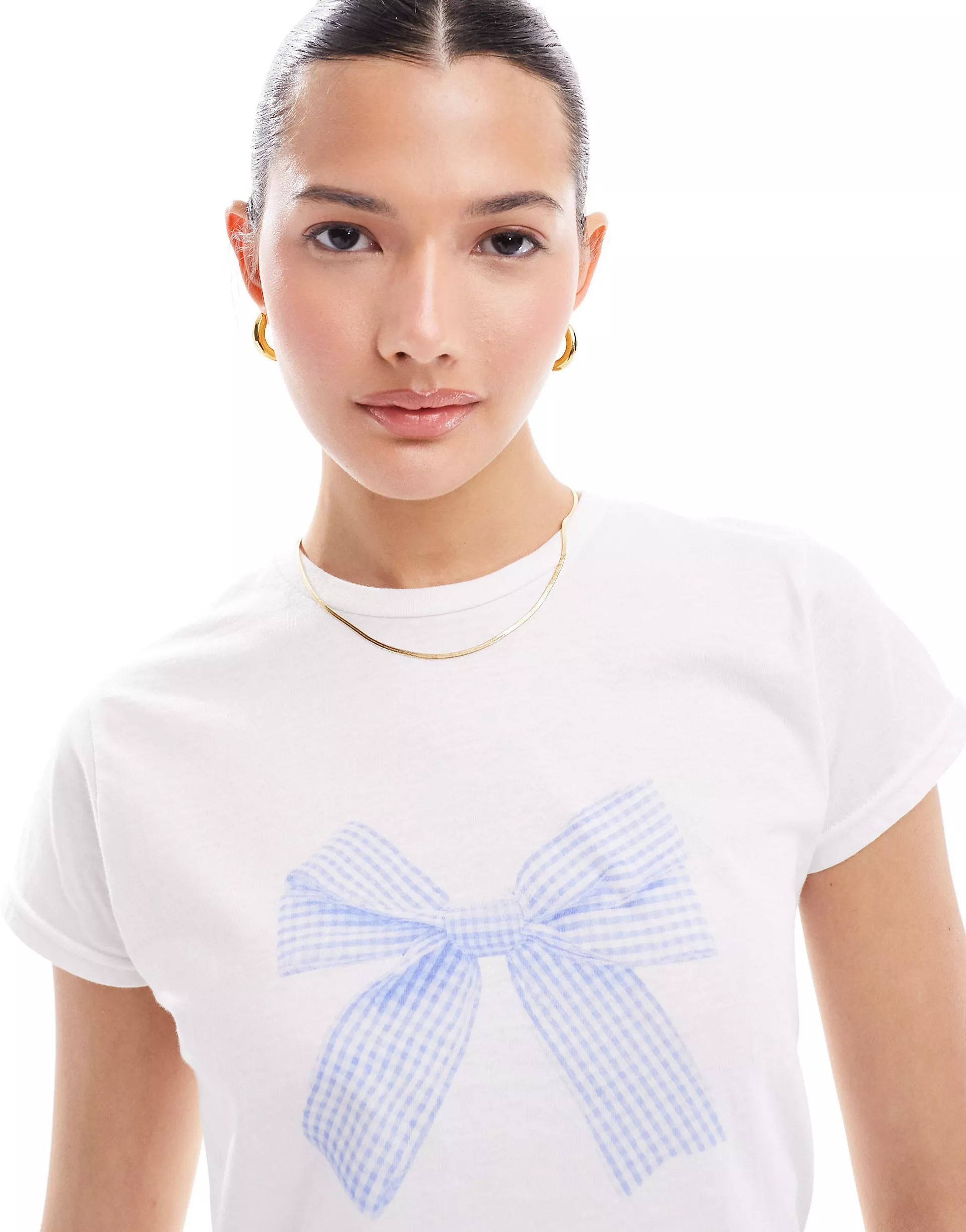 Miss Selfridge blue gingham bow tee in white | ASOS | ASOS (Global)