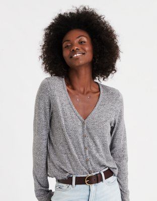 AE Soft Plush Long Sleeve Button Front T-Shirt | American Eagle Outfitters (US & CA)