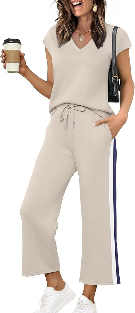 Saloogoe Two Piece Sets for Women Summer Outfits Lounge Sets V Neck Tops Wide Leg Pants Woman Vac... | Amazon (US)