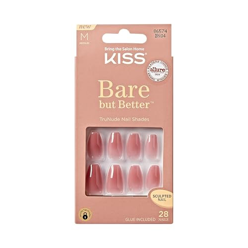KISS Bare but Better, Press On Nails, Nail glue included, 'Nude Nude', Color, Medium Size, Coffin Shape, Includes 28 Nails, 2g glue, 1 Manicure Stick, 1 Mini File | Amazon (US)
