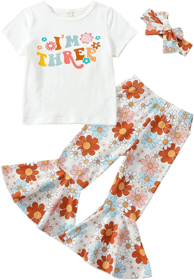 Eadrioss 3Pcs Toddler Baby Girls Birthday Outfit 1-5T Sweet/Groovy Short Sleeve Shirts Bell Botto... | Amazon (US)