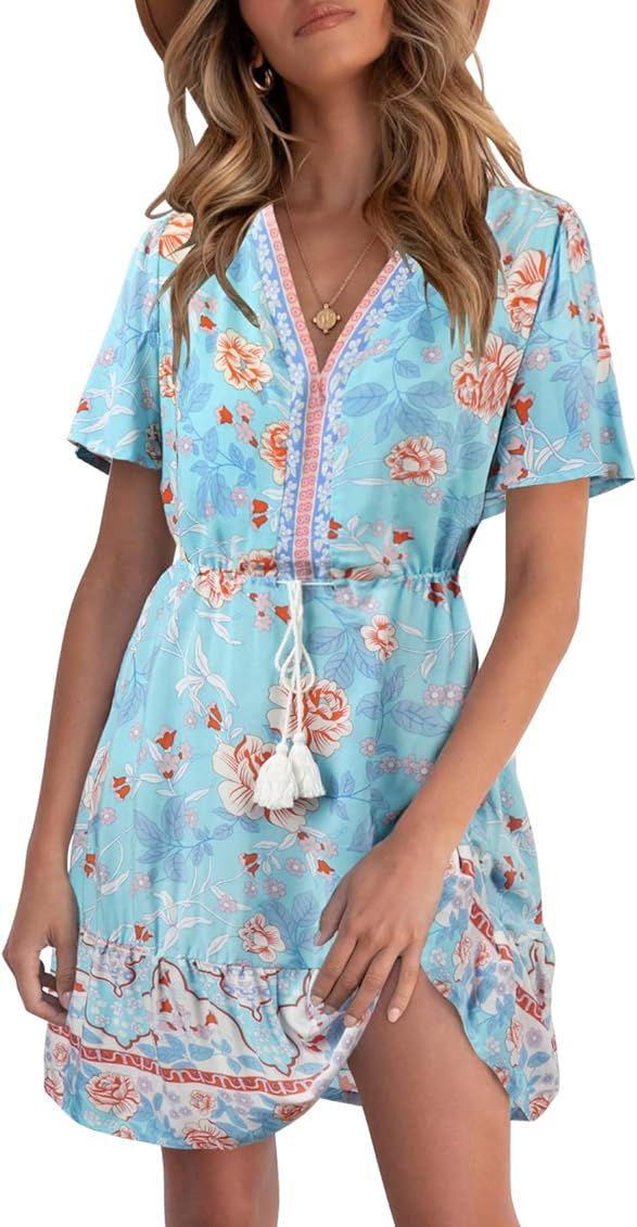 KYL Women's Summer Boho Beach Mini Dress Casual Short Sleeve Flowy Ruffle Bohemian Floral Dress | Amazon (US)