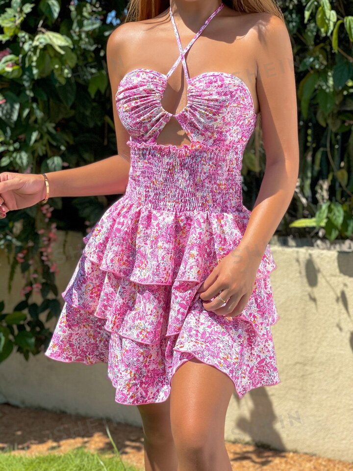 SHEIN WYWH Ditsy Floral Print Shirred Crisscross Backless Two Layer Hem Halter Dress | SHEIN