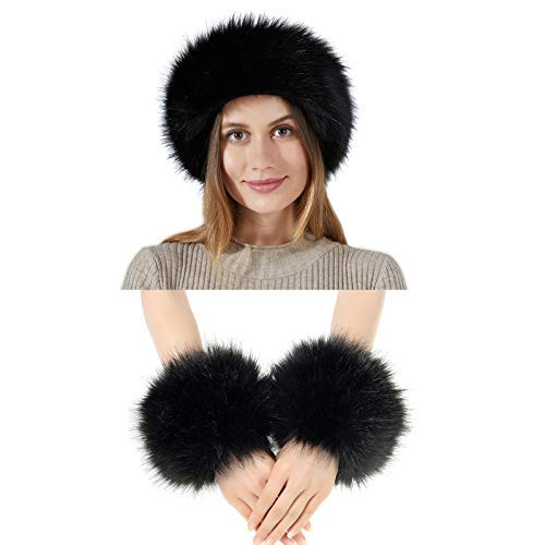 Fancylovesotio 2 Pieces Faux Fur Headband Arm Warmers Wrist Cuffs Earmuff Ear Warmer for Cold Weather Furry Costumes (Black) | Amazon (US)