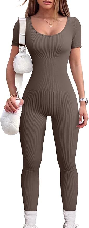 OQQ Women‘s Yoga Jumpsuits Ribbed One Piece Workout Short Sleeve Tops Exercise Jumpsuits | Amazon (US)