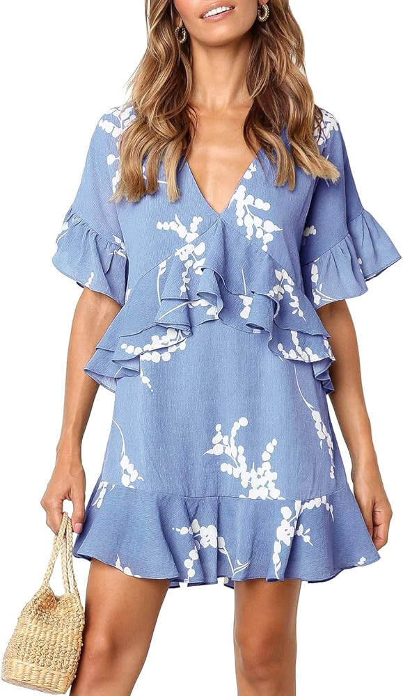 MITILLY Women's V Neck Ruffle Floral Print Loose Swing Casual T-Shirt Dress with Pockets Medium L... | Amazon (US)