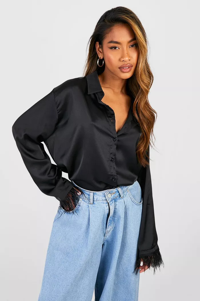 Feather Cuff Satin Shirt | boohoo (US & Canada)