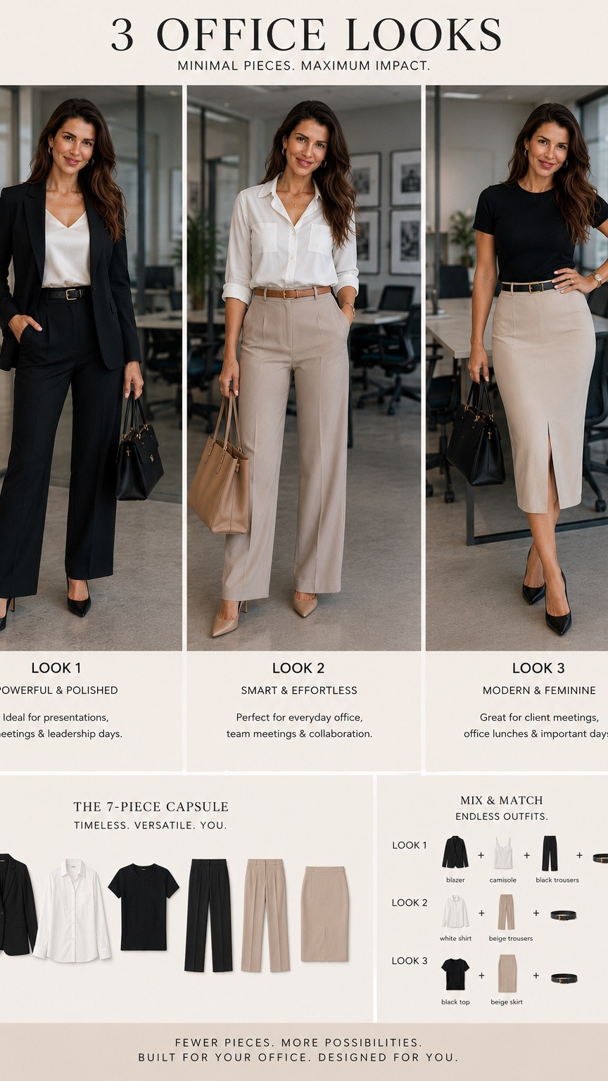 Minimal pieces, endless office looks ✨
Created 3 polished workwear outfits using a small capsule wardrobe that mixes and matches effortlessly. From power meetings to client lunches, these neutral staples make getting dressed easy while still looking elevated and chic. Which look is your favorite? 🤍🖤

#LTKworkwear #LTKstyle #LTKoffice #LTKfashion #LTKcapsulewardrobe

#LTKdayinmylife #LTKMothersDay #LTKmorningroutine