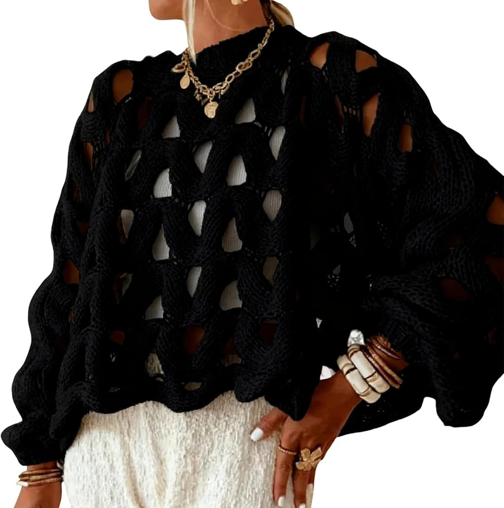 Wyeysyt Hollow Out Pullover Sweaters for Women Oversized Long Sleeve Crew Neck Sweater Chunky Cro... | Amazon (US)