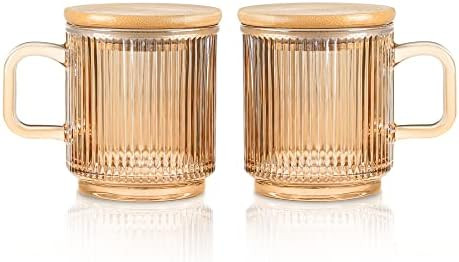 Amazon.com | Joeyan Amber Glass Coffee Mugs Set of 2 - 11.5 oz Striped Coffee cups with Lid - Lar... | Amazon (US)