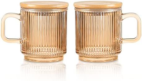 Amazon.com | Joeyan Amber Glass Coffee Mugs Set of 2 - 11.5 oz Striped Coffee cups with Lid - Lar... | Amazon (US)