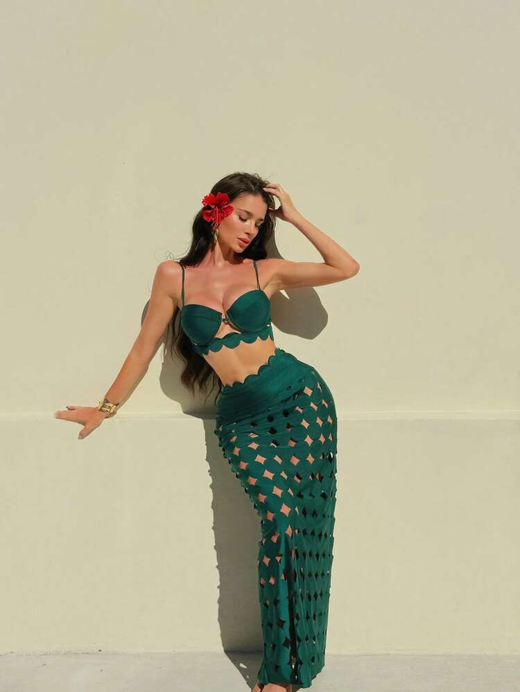 Swim Oasis 3pcs/Set Summer New Women Beach Outfits, Shoulder Strap Push Up & Gather Solid Color Bikini Top, High Waist Bottoms, Hollow-Out Embroidery Long Beach Dress, Fashionable Holiday Swimsuit Set | SHEIN