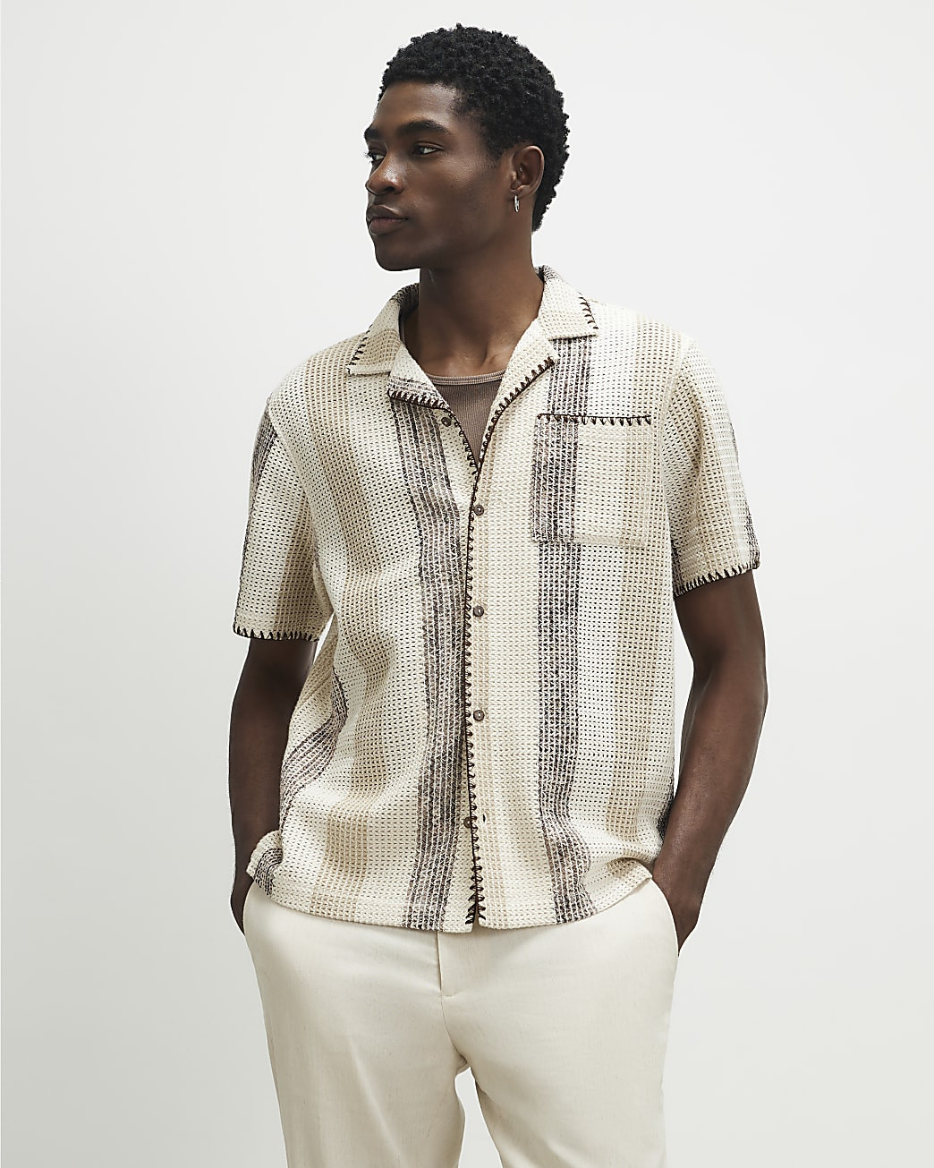 Beige Regular Fit Stripe Crochet Shirt | River Island UK & IE