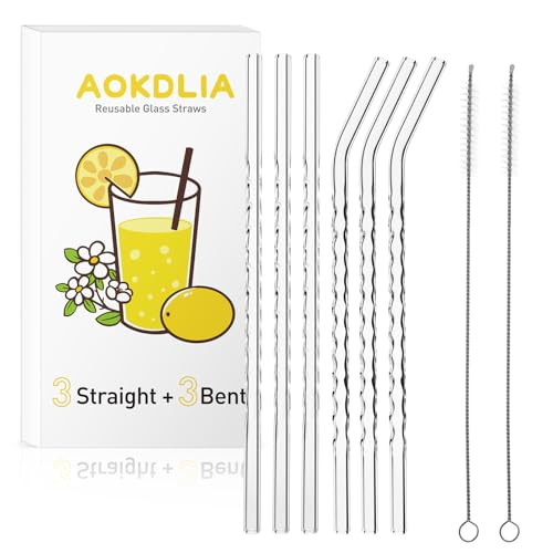 Aokdlia Reusable Glass Straw-Spiral pattern,Transparent,Size 9''x8 MM,Including 3 Straight and 3 Bent with 2 Cleaning Brush- Perfect For Smoothies, Tea, Coffee(6-Pack) | Amazon (US)
