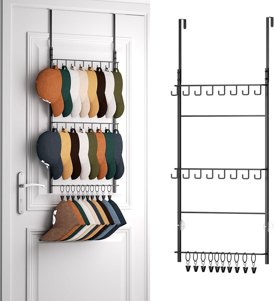 HapiRm Over Door Hat Rack - 3 Tier Wall Mounted Hat Holder with 16 Hooks and 10 Movable Clips, Ca... | Amazon (US)