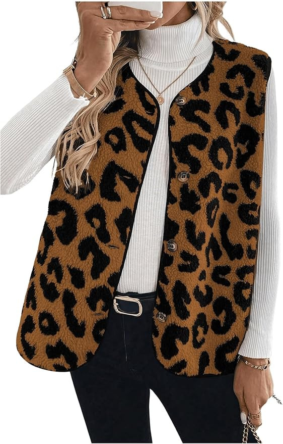 GORGLITTER Women's Cheetah Print Fleece Button Down Vest Coat V Neck Sleeveless Fleece Outerwear | Amazon (US)
