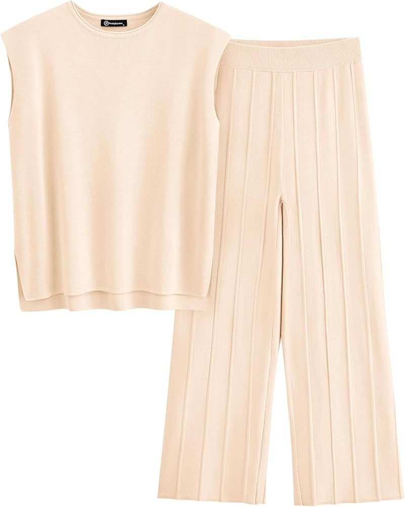 PRETTYGARDEN Women's 2 Piece Outfits Knit Loungewear High Low Pullover Tops and Wide Leg Pants Ca... | Amazon (US)