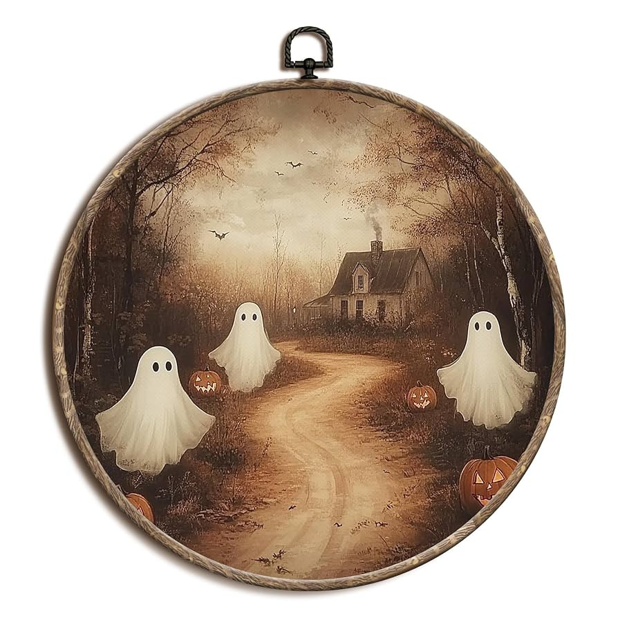 Yorhifa Vintage Ghost Pumpkin Halloween Framed Wall Art, Cute Spooky Ghost Round Wall Art, Dark C... | Amazon (US)