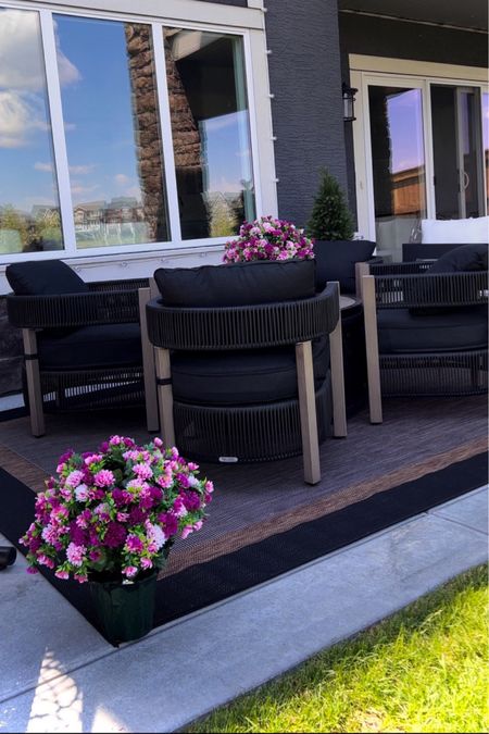 Black rattan outdoor conversation set perfect for creating the outdoor chill spot! 
Scroll below to shop the look! 

#rattanfurniture 

#LTKhome #LTKstyletip #LTKsalealert