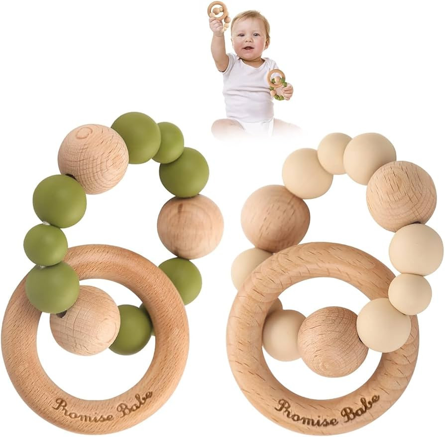 Promise Babe Silicone Baby Teether, Food Grade Silicone & Beech Baby Teething Ring Retro Color Br... | Amazon (US)