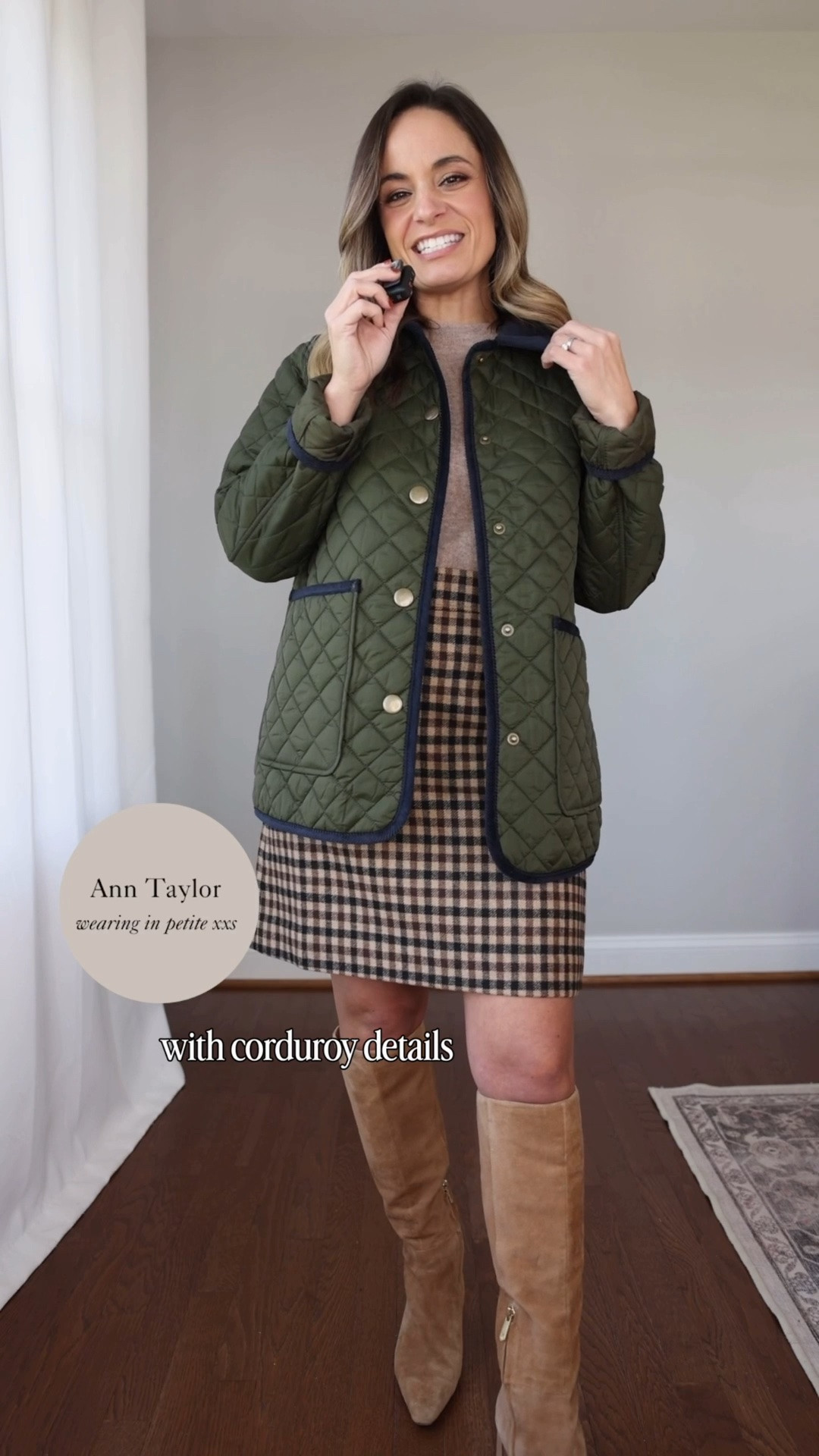 Fit review of the quilted jacket I included in the fall capsule. 

Jacket: petite xxs 

Outfit shown 
Skirt: 00 
Sweater: xs 
Boots: true to size, 15” shaft height in a size 5

#LTKPetite