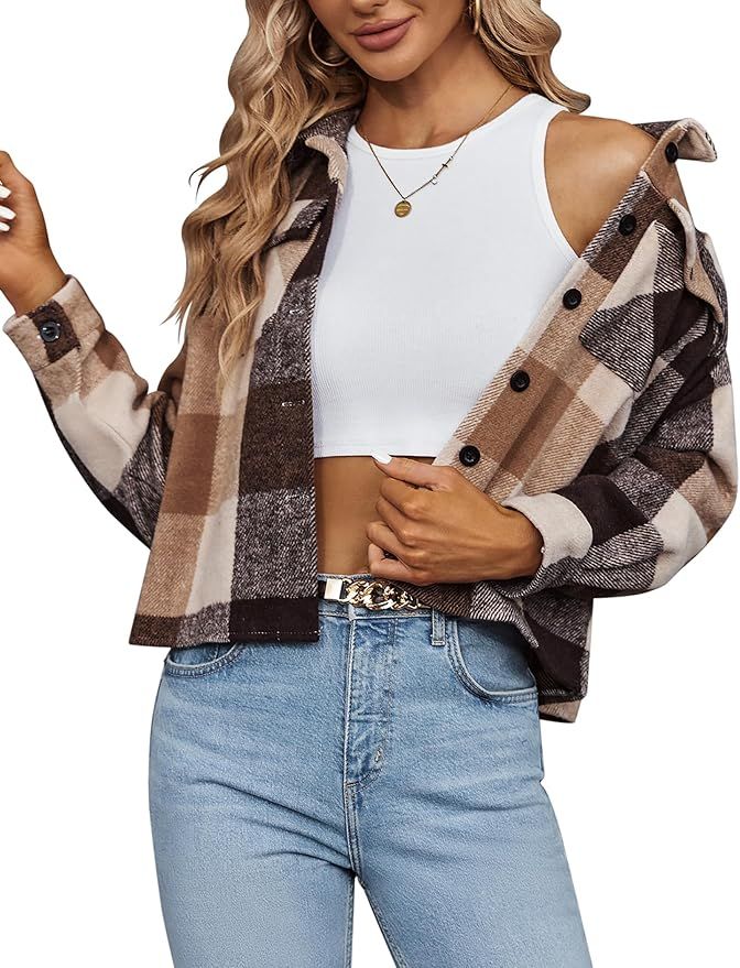 Zeagoo Flannels for Women Cropped Shacket Jacket Fashion Plaid Button Down Shirt 2023 Fall Coat T... | Amazon (US)