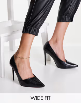 Truffle Collection wide fit pointed stiletto heels in black croc | ASOS (Global)