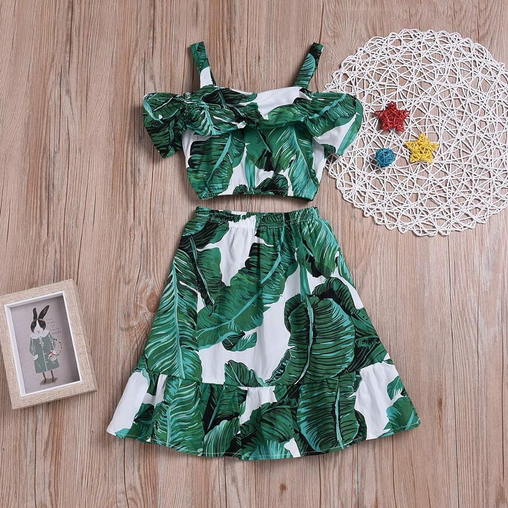 Toddler Baby Girl Strap Banana Leaf Print Strappy Cold Shoulder Cropped Top + Long Skirts Outfits... | Amazon (US)
