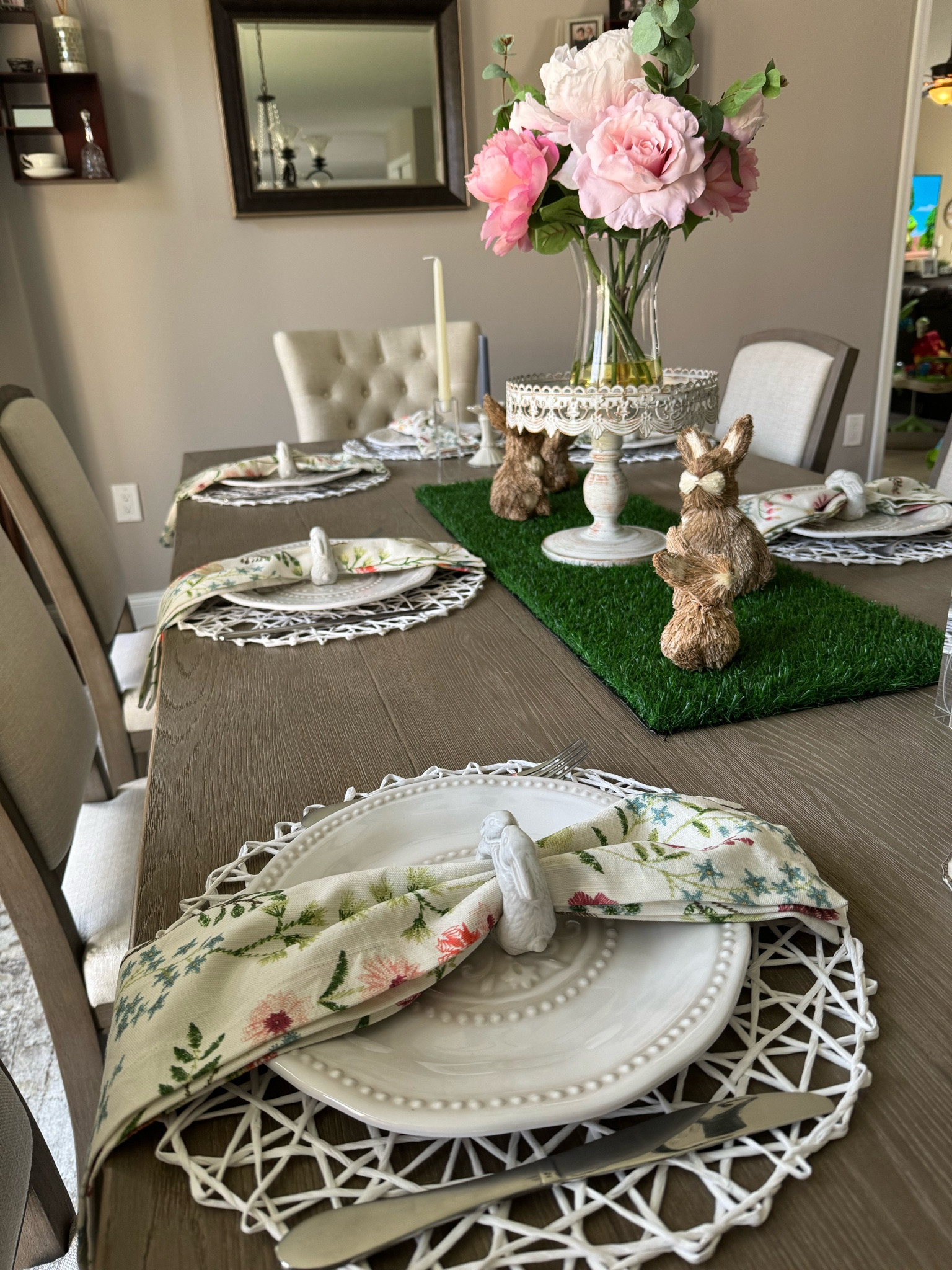 Pottery Barn dining room, spring tablescape, Easter table, Easter table setting, Easter tablescape, easter home decor, Easter home decorations, spring napkins, spring napkin rings, Easter napkins, Easter napkin rings, faux grass table runner 

#LTKSeasonal #LTKstyletip #LTKhome