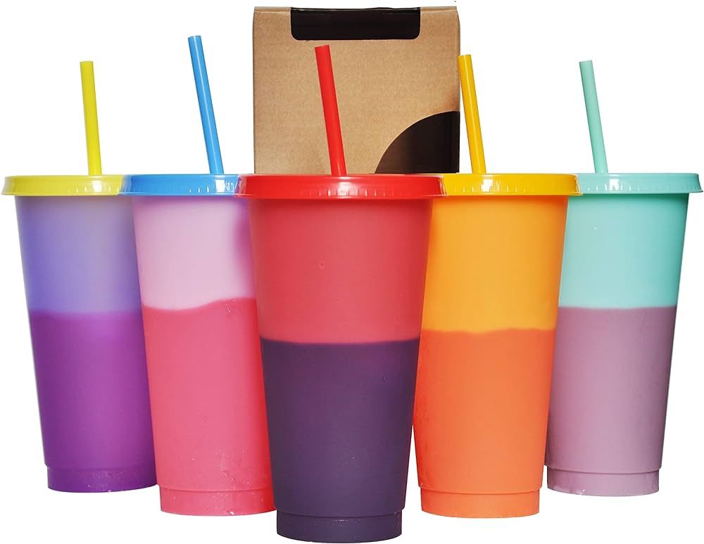 Color Changing Cups Set Cooler 24oz Reusable Plastic Cold Drink Cups with Lids and Straws for Adu... | Amazon (US)